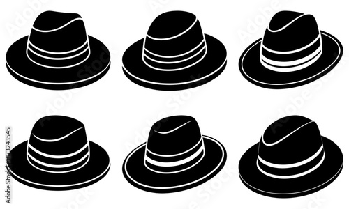 Six Black and White Striped Fedora Hats with Transparent Background six hats