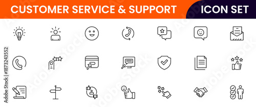Customer service icons depicting support, assistance, communication, call centers, help desks, satisfaction, feedback, solutions, responsiveness.