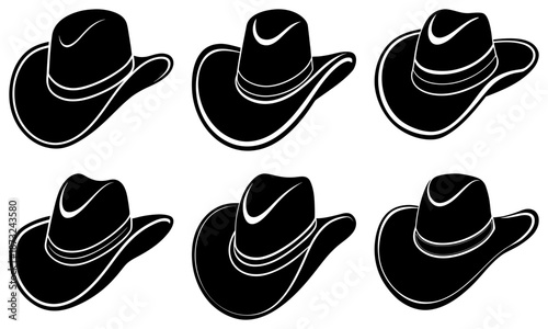 Six Black Cowboy Hats with White Outlines on Transparent Background black hat western hat
