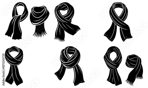 Seven Different Scarf Knot Styles in Black on White Background