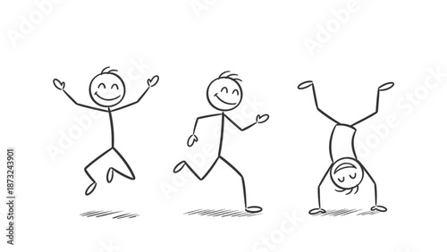 Three happy and playful stick figure children doing various activities in bright studio.