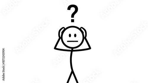 Stick Figure Person with Question Mark Above Head Looking Confused, Hands on Head, on Isolated White Background.