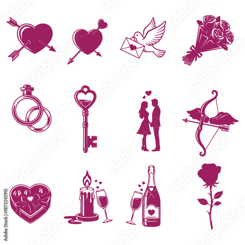 Collection of romantic icons including hearts rings and wine for Valentines Day decorations