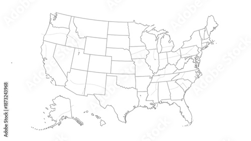 Outline Map of United States of America with Clearly Defined State Borders, on Isolated White Background.