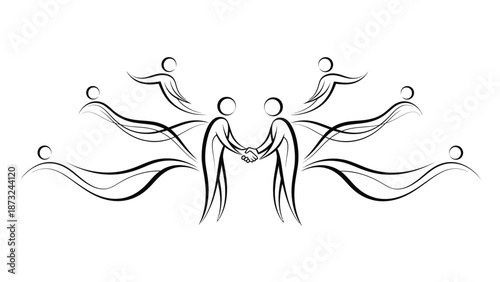 Abstract illustration of two figures shaking hands with flowing lines, symbolizing teamwork and partnership on isolated white background.