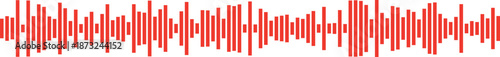 A vibrant red sound wave equalizer pattern displays fluctuating vertical bars against a bright white background
