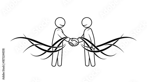 Two stick figure people shaking hands, surrounded by flowing lines representing agreement and partnership, on isolated white background.