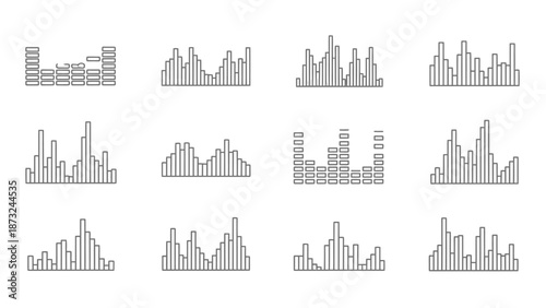 Collection of Sound Equalizer and Bar Chart Graph Icons for Data Visualization on Isolated White Background