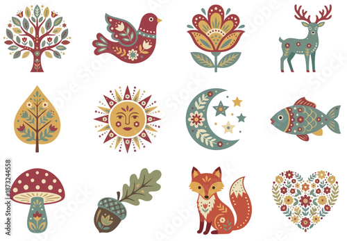 Scandinavian folk art style nature icons with tree of life, bird, flower, deer, leaf, sun, moon and stars, fish, mushroom, acorn, fox and heart.