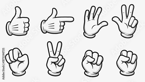 Collection of Cartoon Hand Gestures, Thumbs Up, Pointing, Open Palm, Peace Sign, Fist, Isolated White Background