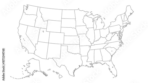 Outline Map of United States of America with States Borders, Geographical Location, Isolated White Background