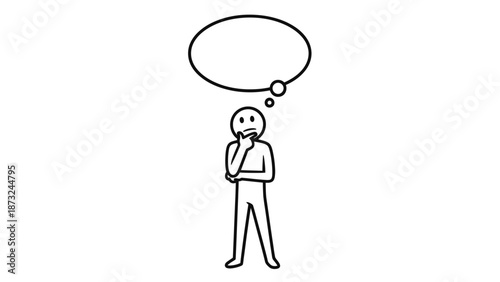 Stick Figure Thinking and Pondering with an Empty Thought Bubble Above Head on Isolated White Background