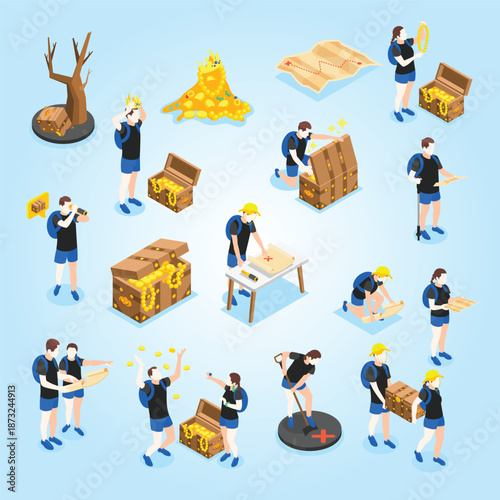 Treasure quest set with isometric icons and isolated images of jewels and treasure with human characters vector illustration