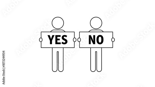 Two Stick Figure Men Holding Yes and No Signs, Representing Agreement and Disagreement, Isolated White Background.
