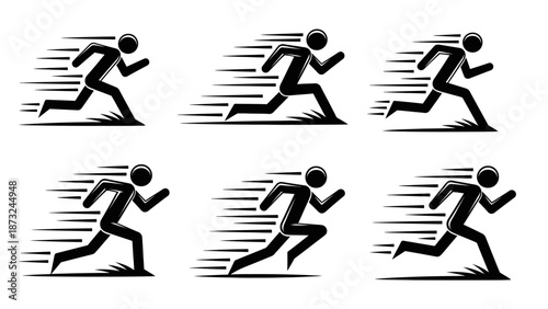 Group of Six Running Stick Figures with Speed Lines, Depicting Fast Movement, Isolated White Background.