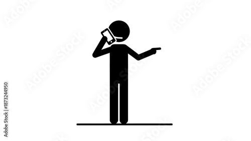 Stick Figure Man Talking on Mobile Phone and Pointing Finger, Directing Communication, Isolated White Background.