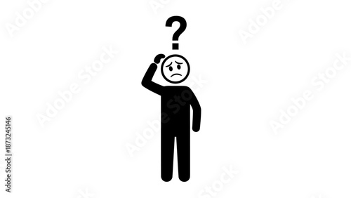Confused Stick Figure Man with Question Mark Above Head and Hand on Head in Isolated White Background