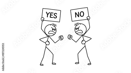 Two Stick Figure Men Representing Yes and No Opinions with Contrasting Emotions in Isolated White Background