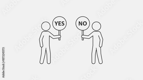 Two Stick Figure Men Holding YES and NO Signs Representing Choice on Grey Background