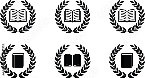 PrintAcademic laurel wreath with book icon set, university graduation symbol, legal education logo, school achievement awards, library and literature vector.