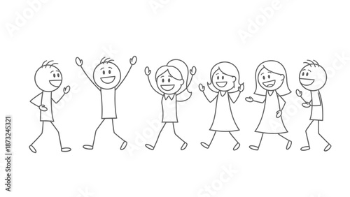 Happy group of stick figure people waving hands and celebrating together on an isolated white background, full of joy and camaraderie.