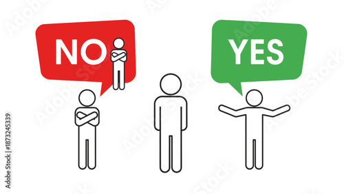 Three stick figure people showing 'NO' with crossed arms and a red speech bubble, and 'YES' with open arms and a green speech bubble, representing clear agreement and disagreement 