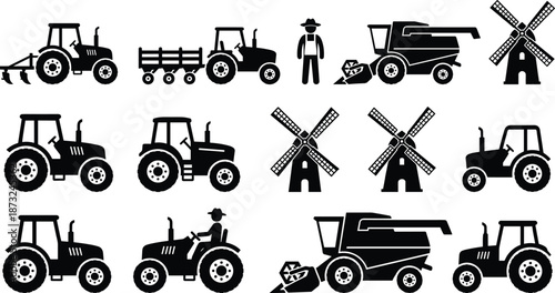 PrintAgricultural Machinery Set, Including Tractors with Plows, Trailers, Combine Harvesters, Windmills, and Farmer Silhouettes for Rural Industry and Farming Graphic Design.