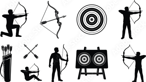 Archery silhouettes set with bowman, recurve bows, arrows, quivers, and targets for sports competition, hunting hobby, and outdoor recreation vector illustration.