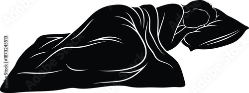 Simple black and white silhouette graphic depicting a person sleeping comfortably curled up on a pillow underneath a cozy blanket illustration concept.