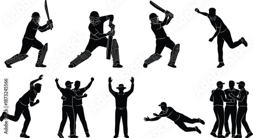PrintBlack Vector Silhouette Set of Cricket Players Featuring Batsmen, Bowlers, Fielders, Umpire, and Team Celebrations for Competitive Sports Graphic Design.