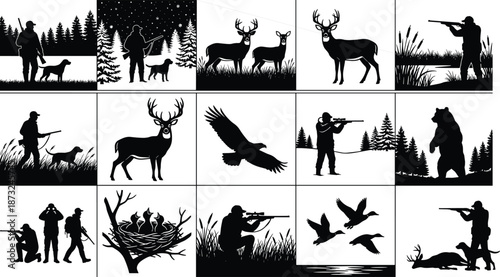 PrintCollection of fifteen black and white hunting silhouettes featuring hunters with dogs, deer, bears, ducks, eagles, and forest wildlife scenery