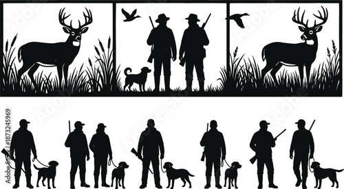 PrintHunting silhouettes set with hunters, hunting dogs, deer, ducks, and marsh grass for outdoor adventure, wilderness recreation, and forest sport.
