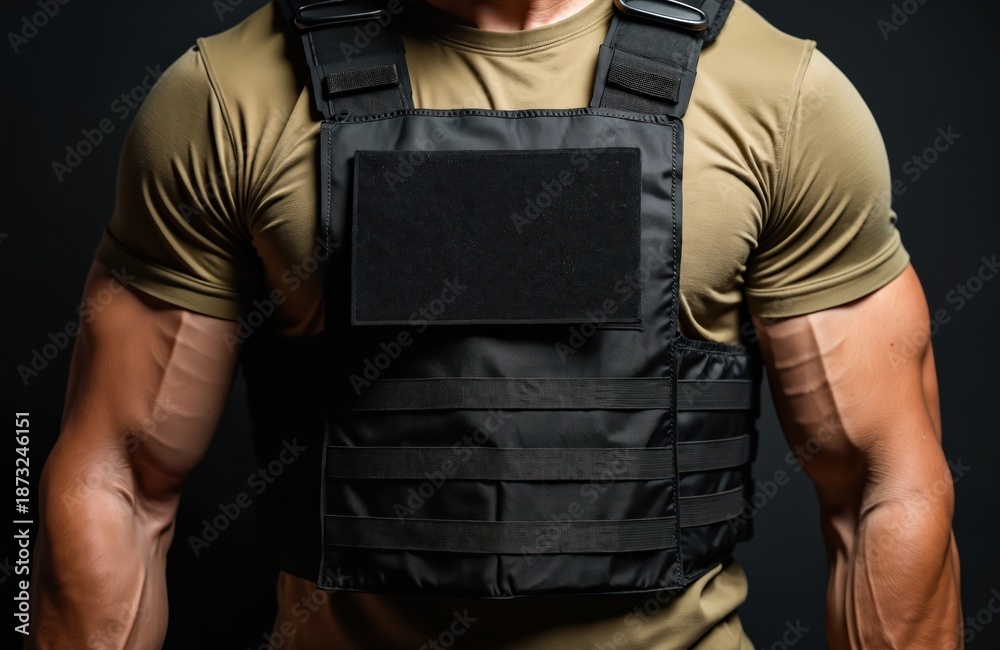 Fototapeta premium Torso view of muscular man. Man wears bulletproof vest on body against dark background. Army soldier big biceps. Confident brave warrior stands in uniform. Bodyguard protects. Tactical equipment used.