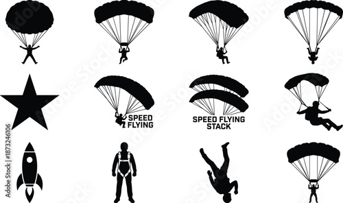 PrintSet of black paragliding silhouettes, extreme sports icons featuring skydivers, parachutes, speed flying logos, rockets, and adventure graphic design elements