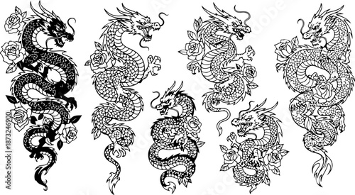 Japanese Dragon and Floral Tattoo Design Set