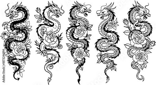 Japanese Dragon and Floral Tattoo Design Set