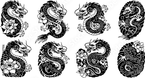 Japanese Dragon and Floral Tattoo Design Set