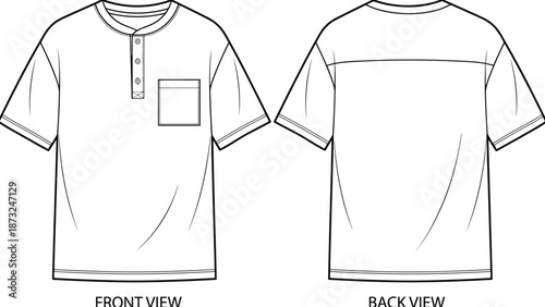Henley shirt sketch, short sleeve design, chest pocket, button placket, yoke back detail, fashion technical drawing, flat vector illustration