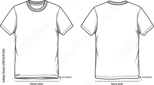 T-shirt sketch, short sleeve design, crew neck, front and back view, size reference line, flat vector illustration