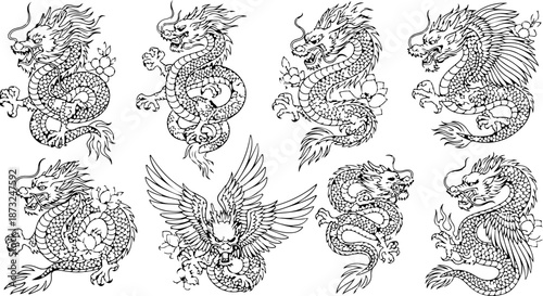 Japanese Dragon and Floral Tattoo Flash Art Collection Set