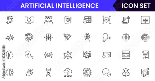Artificial intelligence icons depicting machine learning, neural networks, automation, robots, data analysis, algorithms, technology, smart systems, AI applications, computing, intelligence