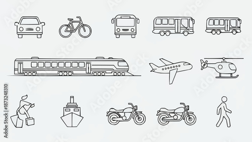 Collection of Transportation Icons Vector Line Art.
