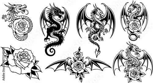 Japanese Dragon and Floral Tattoo Flash Art Collection Set