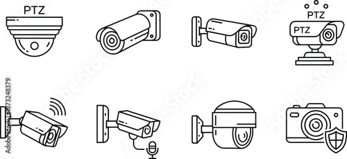 Professional security camera icon set with PTZ dome, bullet cameras, wireless surveillance, microphone, and digital monitoring symbols for safety systems