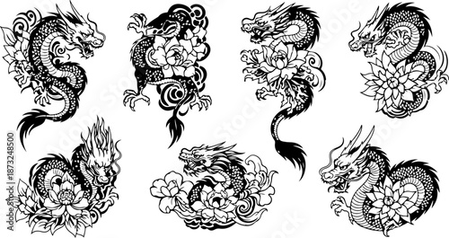 Japanese Dragon and Floral Tattoo Flash Art Collection Set