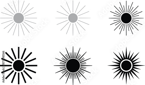 Detailed minimalist sun icon collection featuring various ray lengths, solid silhouettes, and grayscale variants for weather forecasting and solar energy vector design.