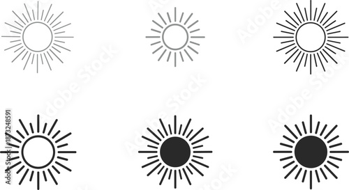 Comprehensive minimalist sun icon set featuring various line weights, grayscale gradients, and solid silhouettes for weather, solar energy, and climate vector design.