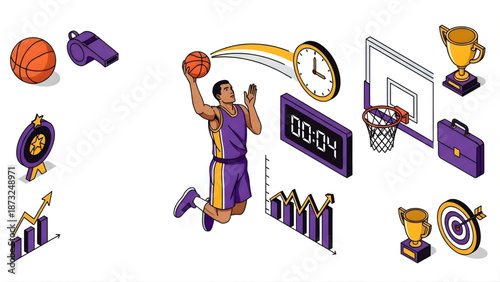 Basketball player in mid-air making a jump shot, with sports equipment and business icons