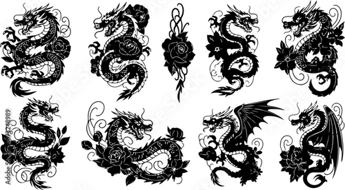 Japanese Dragon and Floral Tattoo Flash Art Collection Set