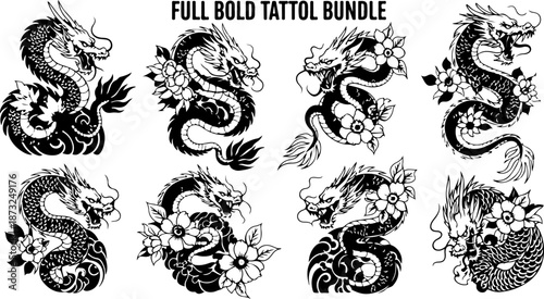 Japanese Dragon and Floral Tattoo Flash Art Collection Set